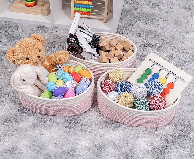 Off White&Mixed Pink Shelf Basket to Store and Organize Household Items/Baskets&Bins for Daily Storage &Organizing/Woven Rope Basket for Bedroom,Playroom/Small Oval-13x8.66x5.11’’,3 Packs-Ruum Studio Home