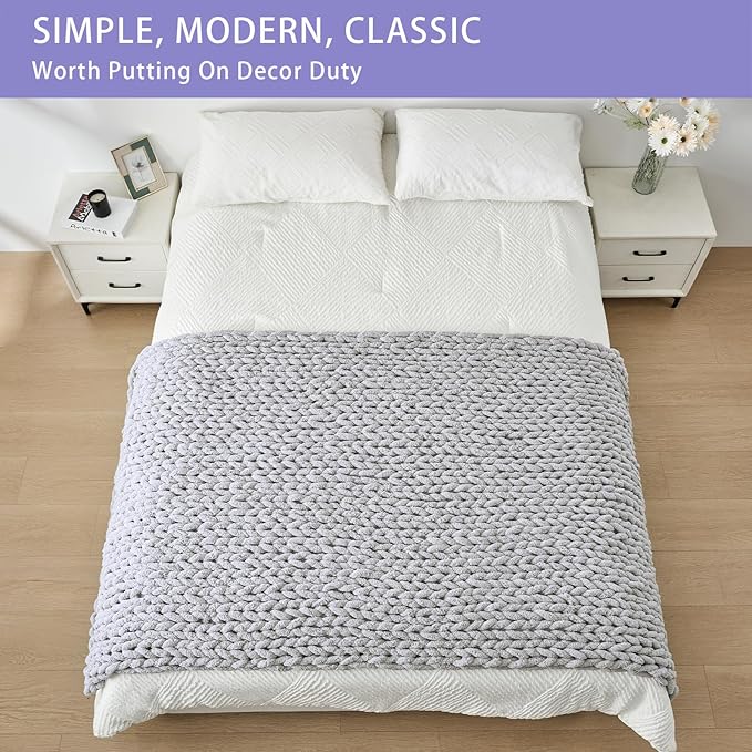 Bigacogo Chunky Knit Throw Blanket for Couch, 40x80 inches, 100% Hand Knitted with Thick Jumbo Chenille Yarn, Cozy Soft Large Rope Knot Cable Crochet Blankets for Sofa Bed Living Room, Light Grey-Ruum Studio Home