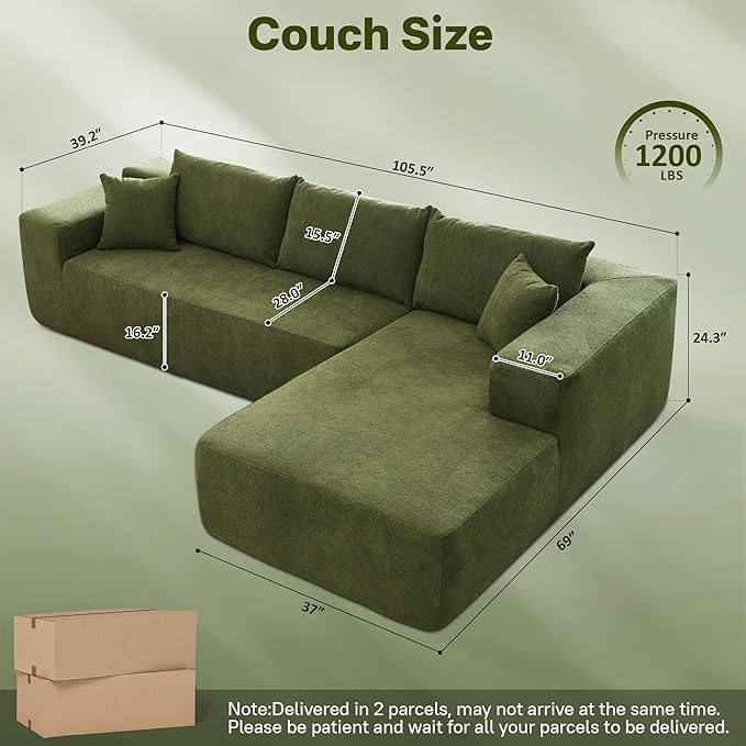 104" Cloud Sectional Couches for Living Room,L Shaped Boneless Couch in A Box,Sleeper Sofa with Comfy Chaise No Assembly Required,Green-Ruum Studio Home