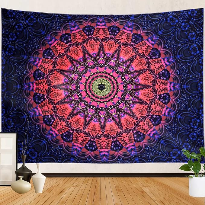 ADDWel Blacklight Mandala Boho Tapestry Glow In The Dark, Black Light Bohemian Hippie Poster Wall Hanging for Bedroom Aesthetic Wall and Room Decor (60" x 80", Mandala)-Ruum Studio Home