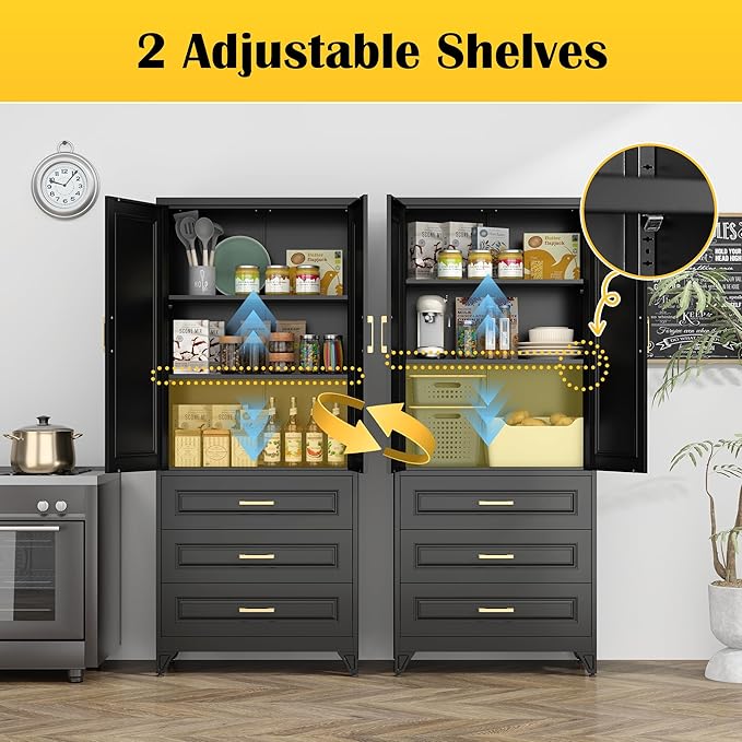 75" Kitchen Pantry Cabinet with 3 Drawers,Metal Storage Cabinets with Doors and 4 Adjustable Shelves,Black Kitchen Cabinet with 2 Gold Handles,Food Cupboard for Livingroom, Bathroom,Pantry-Ruum Studio Home