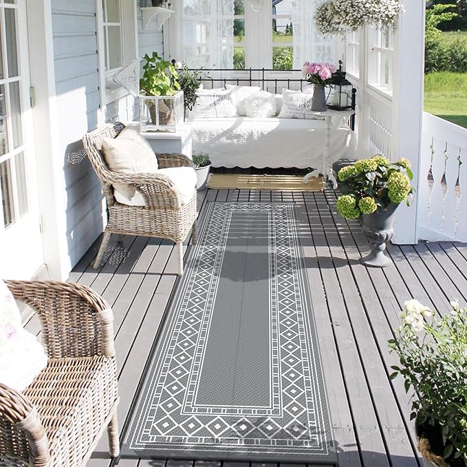 GENIMO Outdoor Rug Waterproof for Patio, 2.5'x8' Foldable Reversible Plastic Straw Runner Rugs and Carpet for Porch, Outside Area Mat for Rv, Deck, Picnic, Camper, Balcony, Beach, Grey & White-Ruum Studio Home