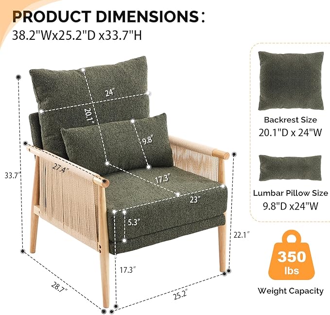VINGLI Boho Braid Accent Armchair,Mid-Century Modern Chiar with Solid Wooden Armrest,Comfy Louge Cushion Chair with Waist Pillow for Bedroom,Living Room,Reading Room, Dark Green-Ruum Studio Home