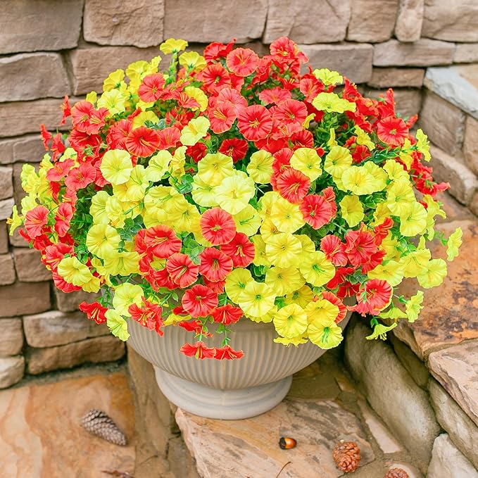 Artificial Mums for Outdoors Fake Fall Flowers Plants for Autumn Decoration, 12 Bundles Silk Morning Glory with Eucalyptus Look Real UV Resistant Faux Mums for Outside Planters Yard Patio Porch, Mix-Ruum Studio Home