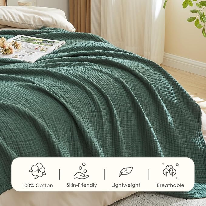 EMME Cotton Muslin Twin Blanket Breathable Gauze Blanket Soft Lightweight Blankets Adults Gifts for Women (Forest Green, 60"x80")-Ruum Studio Home