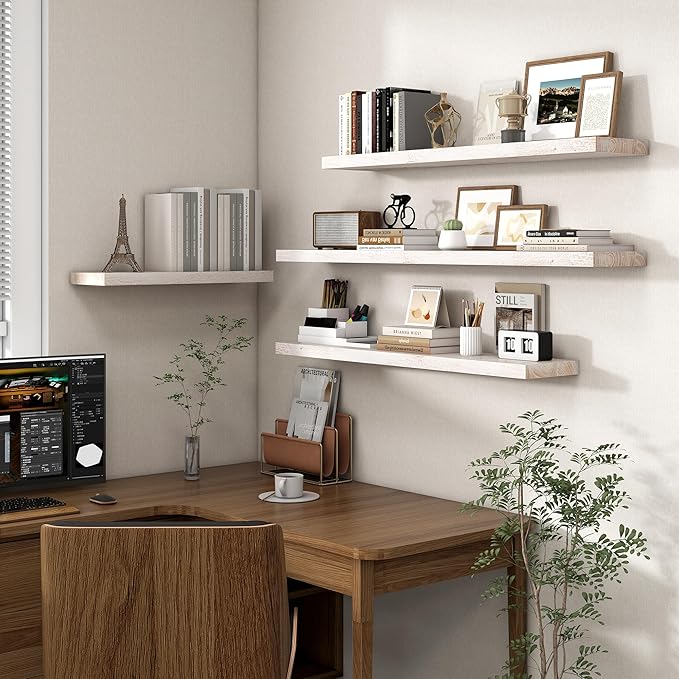 Axeman Floating Shelves for Wall - 40''W x 8'' D Rustic Solid Elm Wood Shelves for Storage, Wall Mounted Display Shelving with Invisible Heavy-Duty Metal Bracket (White Wash, 2PCs)-Ruum Studio Home