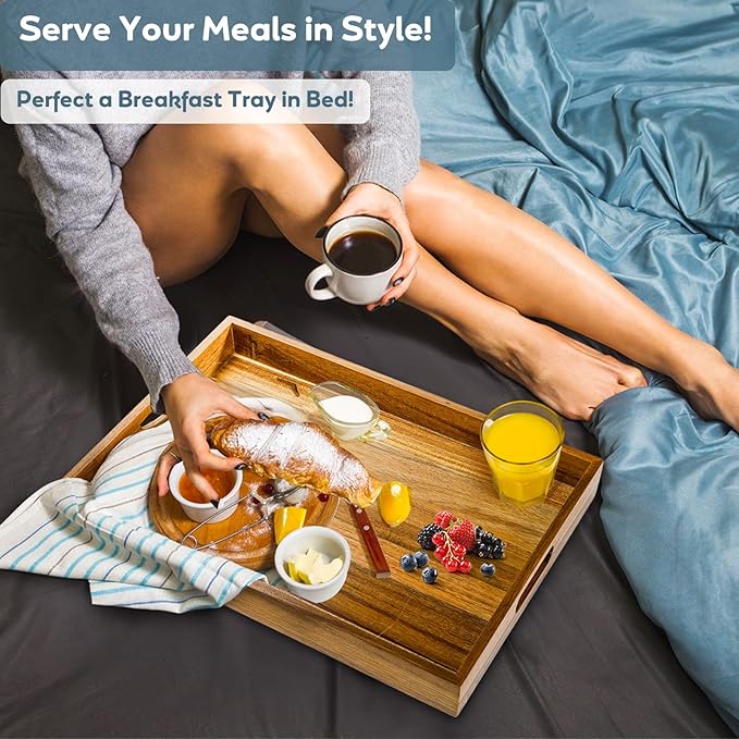 YOUEON 2 Pack Large Acacia Wood Serving Tray with Handles, 17x12 Inch Decorative Wood Trays for Serving Food, Party, Rectangle Ottoman Tray, Coffee Table Trays for Bed, Living Room, Kitchen-Ruum Studio Home