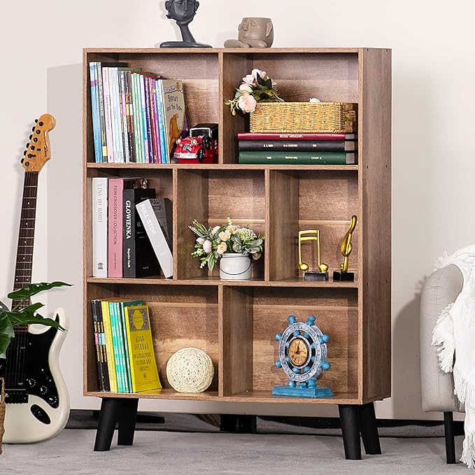 LEYAOYAO 7 Cube Bookshelf 3 Tier Modern Bookcase with Legs,Wood Book Shelves Storage Organizer Shelf,Free Standing Bookcases,Oak Display Bookshelves-Ruum Studio Home