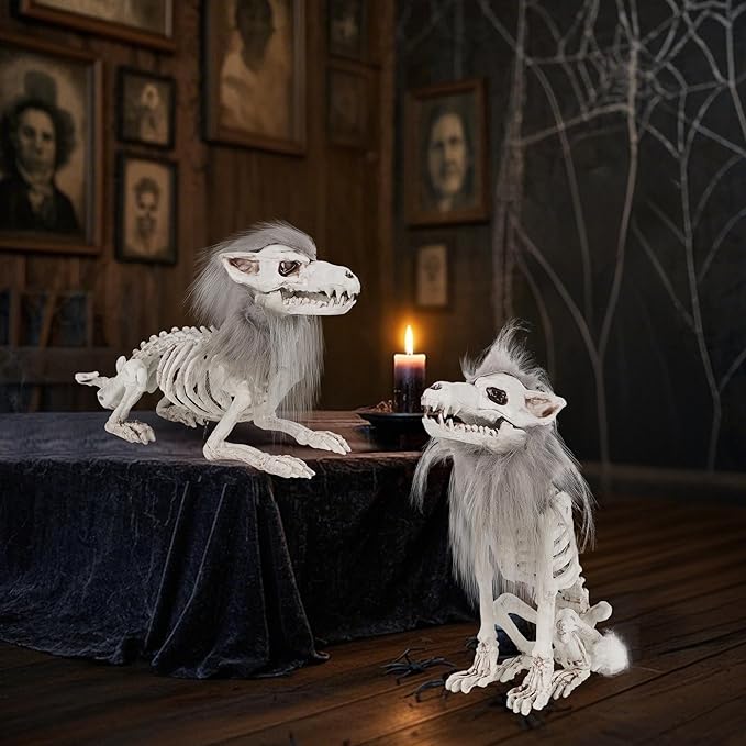 DR.DUDU 2 Pack Halloween Skeleton Wolf Decorations, Life Size Animals Skeletons Poseable Halloween Decor Plastic Bones with Hair Wolf Skull Figurines for Table Yard Lawn Party Props Décor-Ruum Studio Home