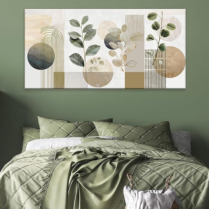 Boho Green Wall Art Mid Century Canvas Wall Art Decor Set Bohemian Abstract Wall Decor Modern Geometric Wall Painting Neutral Botanical Art Print Picture Living Room Bedroom Office Artwork 24"X 48"-Ruum Studio Home
