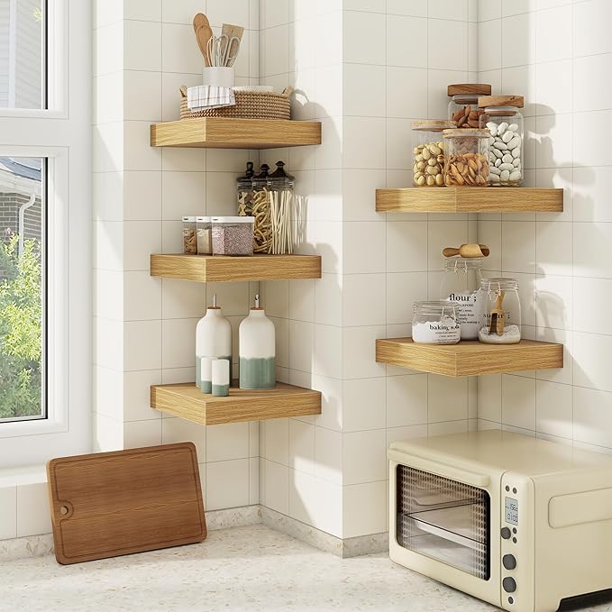 fuqing Floating Shelves for Wall, Bathroom Shelf Wall Mounted for Storage, Shelves with Invisible Bracket for Bedroom, Kitchen, Living Room, Farmhouse Small Book Shelf, 6.5 Inch Set of 3, Oak-Ruum Studio Home