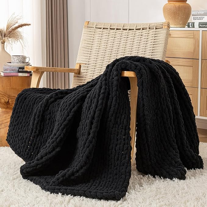 Chunky Knit Blanket Throw, 100% Hand Knit Throw Blanket Handmade Chenille Cable Knit Throw for Couch, Stylish Cozy Soft Rope Knot Crochet Blanket for Home Decor, Black, 50x60 Inches-Ruum Studio Home