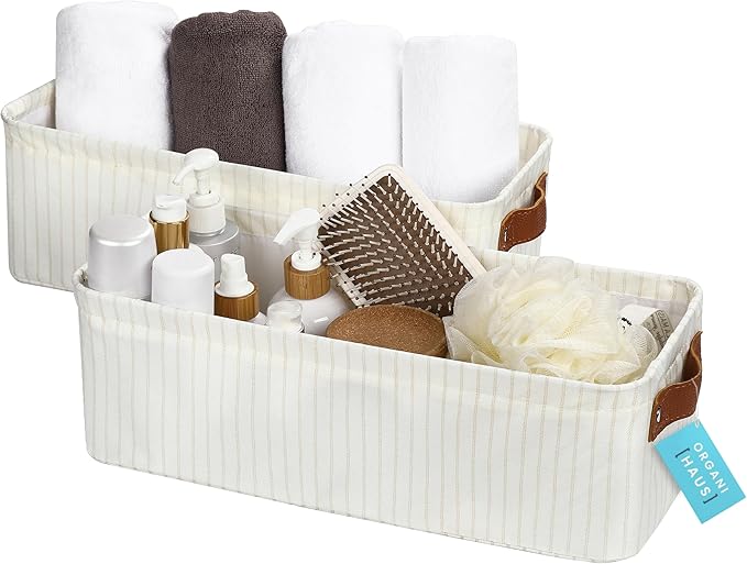 OrganiHaus Narrow Storage Bins 15x06in, Small Closet Bins for Shelves, Bathroom Storage Baskets, Narrow Baskets, Fabric Organizer with Handles, Toilet Paper Organizer - 2 Pack, White w/Brown Stripes-Ruum Studio Home