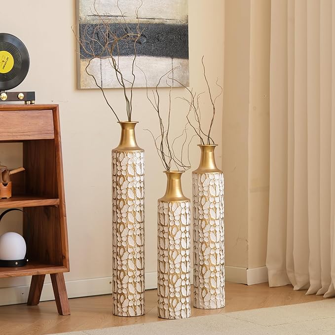 Medhansh Metal Floor Vase, Tall Floor Vase with Gold Twig Pattern, Antique White Finish (Set of 3)-Ruum Studio Home