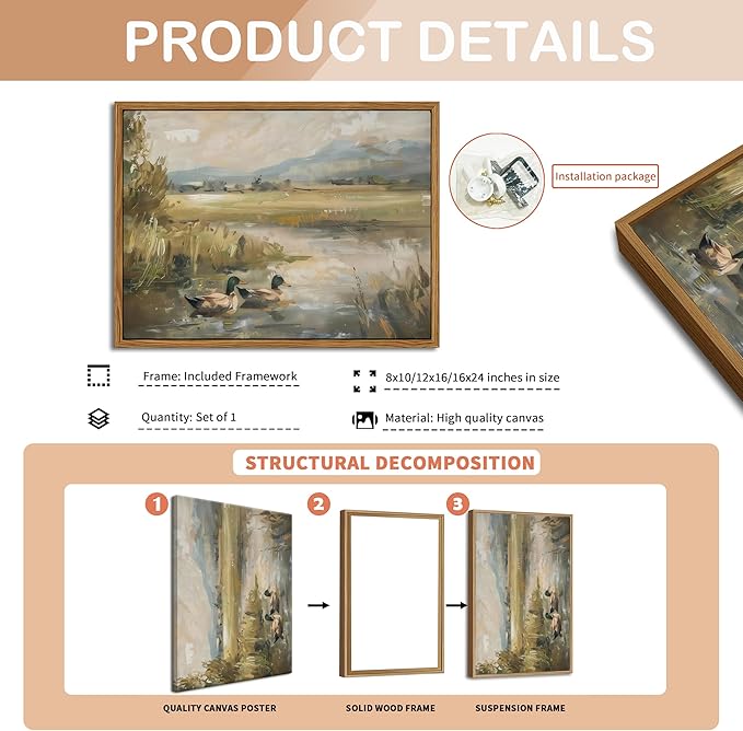 Floating Framed Canvas Wall Art, Vintage Mallard Duck Oil Paintings Print, Countryside Art Wildlife Nature Pond Wall Decor for Living Room, Bedroom, Office, Rustic Decor 12x16 inch-Ruum Studio Home