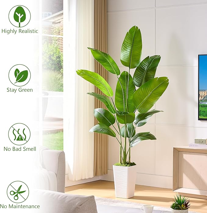 Fake Bird of Paradise Silk Artificial Plant Faux Banana Leaf Tree Lifelike Bird of Paradise for Home Decor Indoor Floor Plant with 10 Trunks (1, White Tall Planter, 6 FT)-Ruum Studio Home