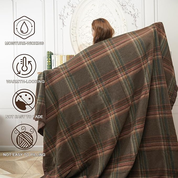 YOUR MOON 100% Pure Merino Wool King Size, Australian Organic Natural Wool Blanket, Hypoallergenic Wool Blanket for Bed, Medium Weight(Plaid Brown, 90 * 108)-Ruum Studio Home