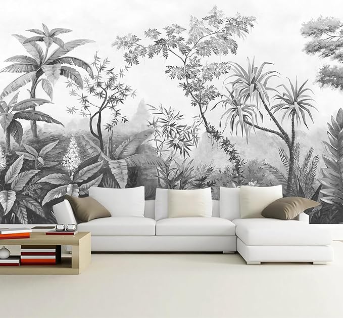 Gray Tropical Rainforest Botanical Wallpaper Bedroom Hand-Painted Oil Painting Jungle Plant Wall Mural Living Room (Not Peel and Stick)-Ruum Studio Home