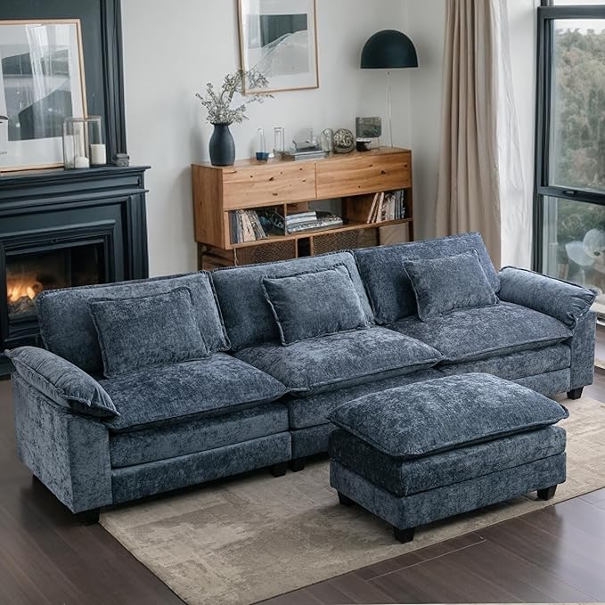 URRED Modular Sectional Sofa Comfy Cloud Couch, Modern Chenille Sofa Sleeper Deep Seat Couches with Ottoman/Pillows for Living Room (Blue, 117''- L Shape)-Ruum Studio Home