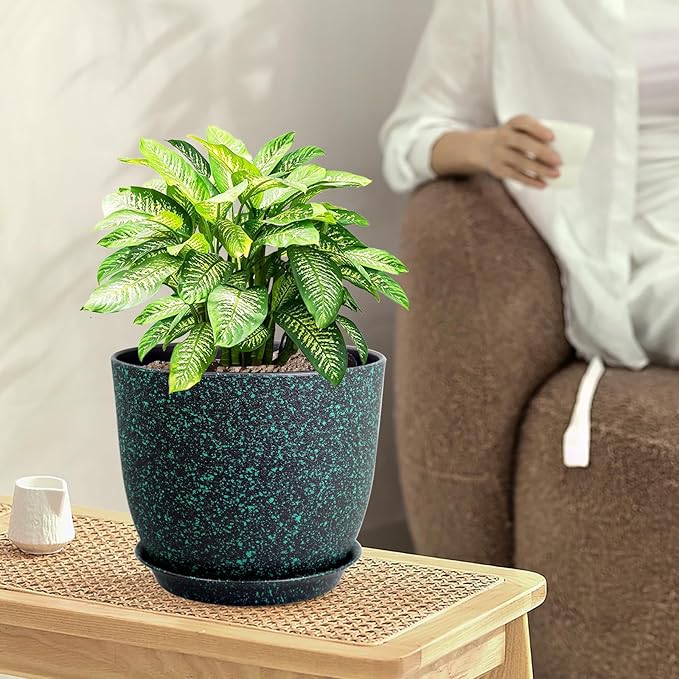 Plant Pots 9/8/7.5inch, Set of 3 Modern Decorative Plastic Planters with Drainage Holes and Saucer for Garden House Plants, Flower Pots for Indoor Outdoor Plants, Black with Green Speckles-Ruum Studio Home