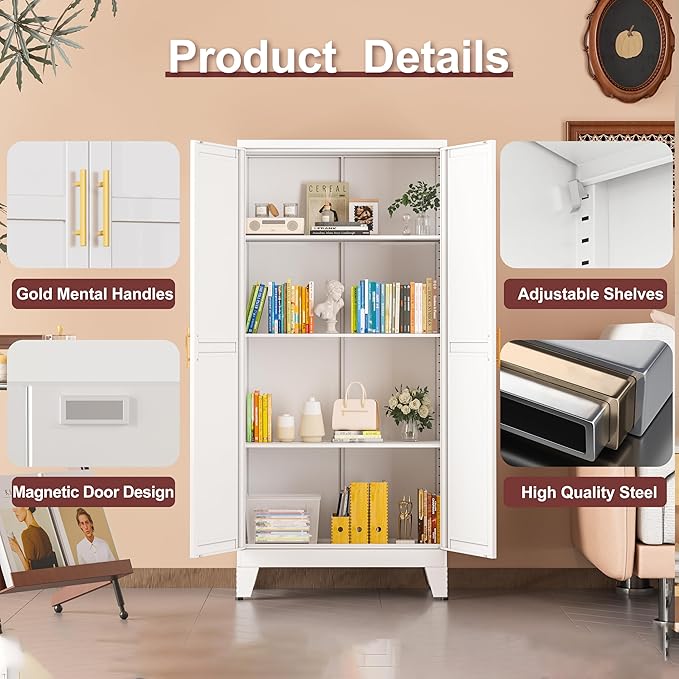 Metal Pantry Cabinet with 2 Doors and Adjustable Shelves, Kitchen Storage cabinets with Gold Handles, Versatile Storage for Laundry/Living Room,Bathroom,Dinning Room-White-Ruum Studio Home