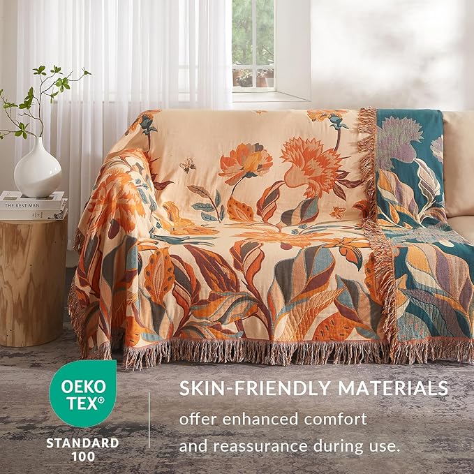 Boho Throw Blanket for Couch Sofa Bed, 100% Cotton Woven Quilt with Tassel 80”x90”, Super Soft Muslin Blanket with Floral Printed, Decorative Reversible Bed Blanket/Cover for All Seasons-Ruum Studio Home