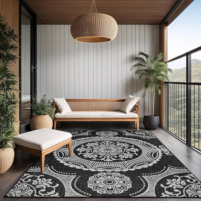 Medallion Outdoor Rug 10x14 Washable Outside Carpet for Indoor Patio Porch Waterproof Easy Cleaning Non Shedding Area Rugs Black 10 x 14-Ruum Studio Home