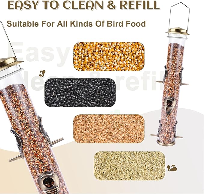 MIXXIDEA 1PK Metal Bird Feeders with 6 Feeding Ports,Tube Bird Feeder with Steel Hanger,Hard Plastic Wild Bird Feeder for Outdoors Hanging, Attracting Birds in Your Lawn, Garden, Balcony–Bronze-Ruum Studio Home