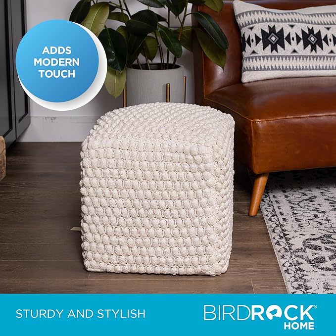 BIRDROCK HOME Bud Pouf Foot Stool Ottoman - Knit Bean Bag Floor Chair - Cotton Braided Cord - Great for The Living Room, Bedroom and Kids Room - Small Furniture-Ruum Studio Home