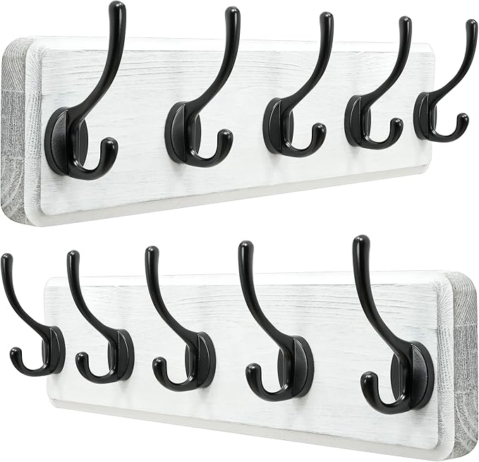 Dseap Coat Rack Wall: Patented, Heavy-Duty, 5-Double-Hooks Wooden Wall Mounted Coat Rack Coat Hanger Hook Rail for Winter Coats Hat Jacket Clothing, White & Black, Pack of 2-Ruum Studio Home