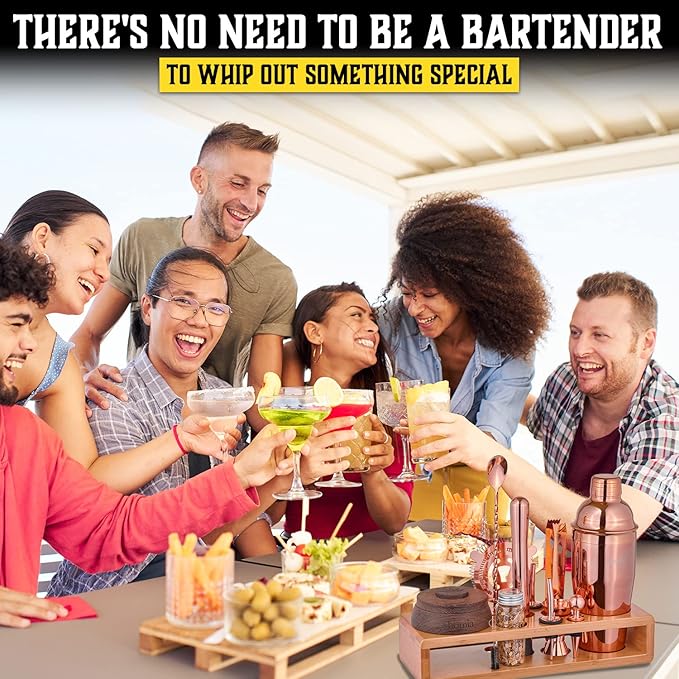 Bartender Kit with Whiskey Smoker - 13 pcs, Bamboo Stand - Bar Set with Cocktail Shaker, Bartending Kit with Essential Bar Accessory Tools, Wood Chips, Pink Gold-Ruum Studio Home