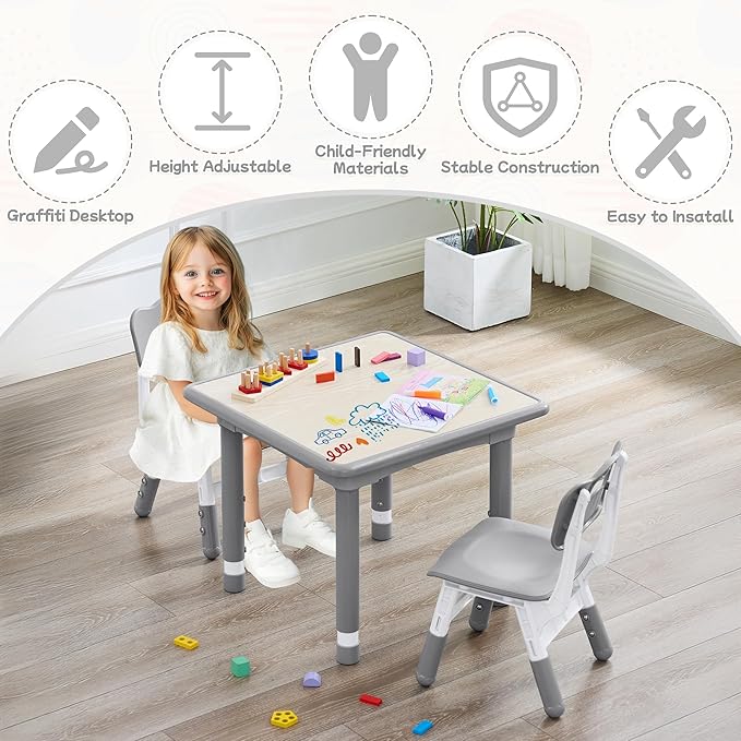 Toddler Table and Chair Set, Height Adjustable-Upgrade Kids Table and 2 Chairs for Ages 3-8, Multi-Activity Toddler Play Table with Graffiti Desktop for Home/Daycare/Classroom-Ruum Studio Home