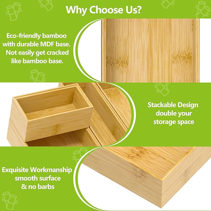 Silverware Bamboo Drawer Organizer Tray, 4 PCS Kitchen Drawer Organizer Storage for Utensil Cutlery, Bathroom, Office Desk, Makeup-Ruum Studio Home