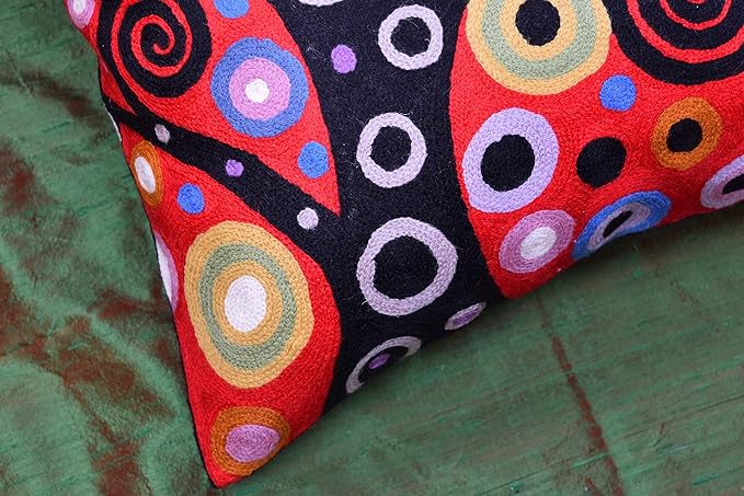Klimt Tree of Life Pillow Cover | Red Floral Pillowcase | Flower Accent Pillows |Suzani Cushions | Flower Pillows | Modern Floral Cushion Cover | Hand Embroidered Wool Size - 18x18-Ruum Studio Home