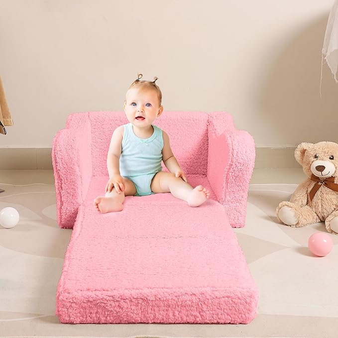 Kids Chairs for Toddler, 2-in-1 Toddler Soft Sherpa Couch Fold Out, Convertible Sofa to Lounger for Girls and Boys, Pink-Ruum Studio Home