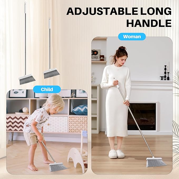 JOYMOOP White Broom and Dustpan Set, Upright Angle Design with Built-in Comb Teeth for Kitchen, Office, Pet Hair, Hard Floors-Ruum Studio Home