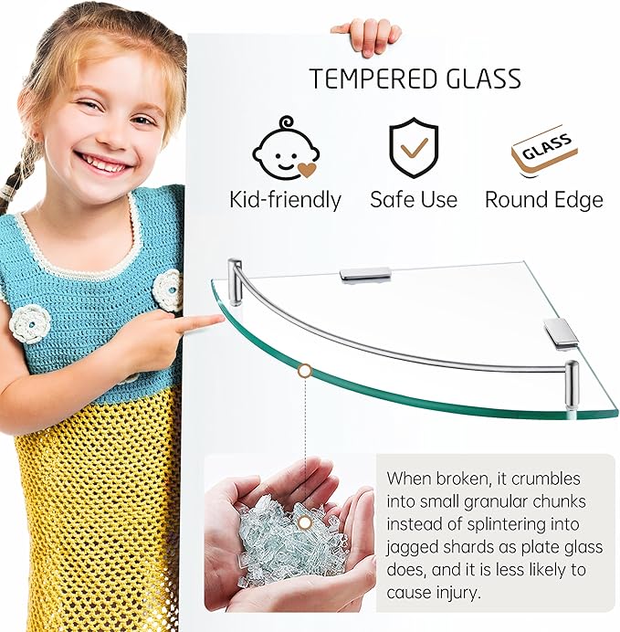 KES Glass Corner Shelf for Bathroom Corner Shelf 2 Pack Tempered Glass Shelf with Rail SUS 304 Stainless Steel Wall Mounted Brushed Finish, BGS2101A-2-P2-Ruum Studio Home