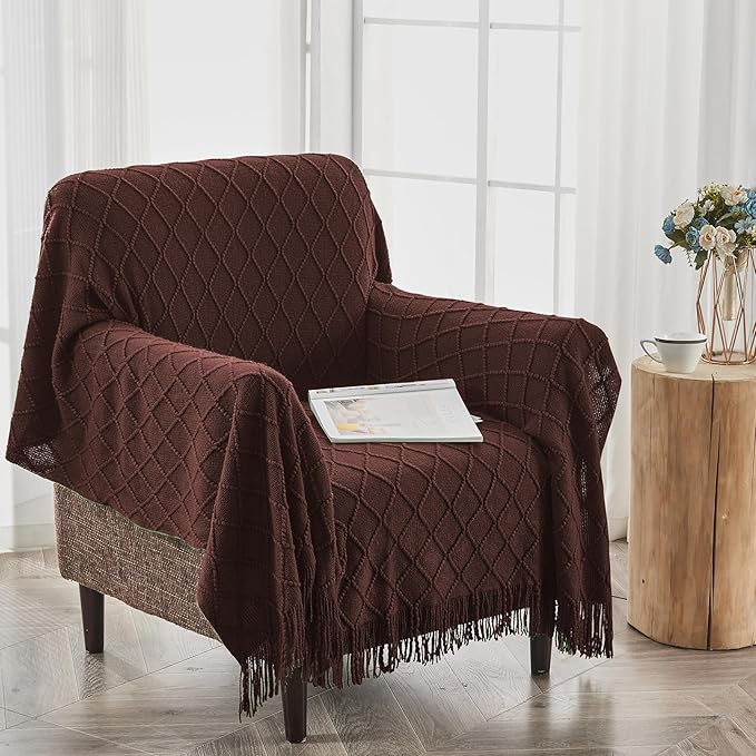 inhand Knitted Throw Blankets for Couch and Bed, Soft Cozy Knit Blanket with Tassel, Diamond Brown Lightweight Decorative Blankets and Throws, Farmhouse Warm Woven Blanket for Men and Women, 50"x60"-Ruum Studio Home