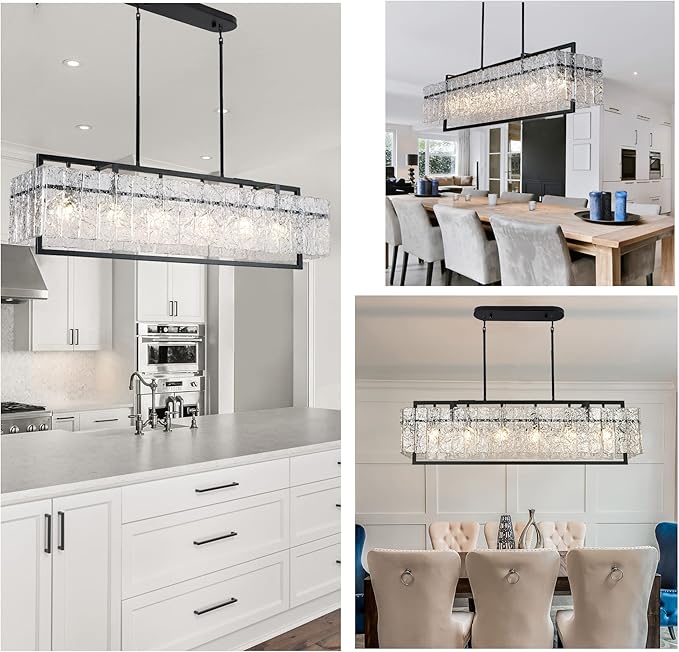IKK Modern Rectangle Black Crystal Chandeliers for Dining Room, 42" Large Rectangular Water Ripple Glass Island Light Fixture, Linear Farmhouse Lighting for Kitchen Island, Living Room, L42xW11xH12-Ruum Studio Home