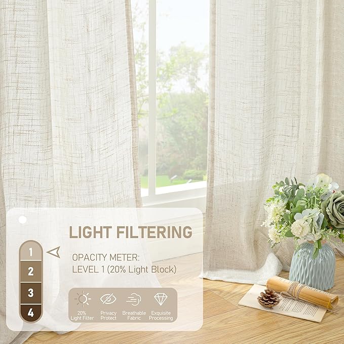 LAMIT Natural Cream Ivory Long Linen Curtains for Living Room, 108 inches Long Bronze Grommet Light Filtering Window Textured Neutral Sheer Drapes for Bedroom Farmhouse, 2 Panels, 52 x 108 Inch-Ruum Studio Home