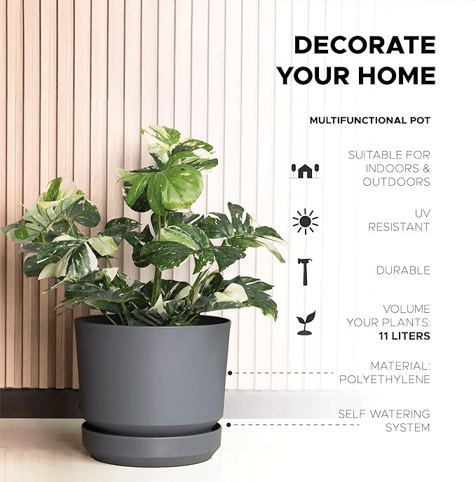 Elly Décor 12 inch Plastic Cylinder Planter Pot with Self-Watering Saucer and Drainage Hole,Lightweight & Extremely Durable, 12"x 12", Gray-Ruum Studio Home