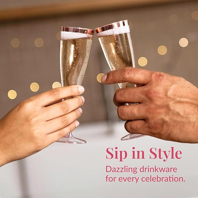Prestee Set of 24 Plastic Champagne Flutes Disposable - Silver Glitter Pink Champagne Glasses with Rose Gold Rim, Elegant Toasting Cups for Weddings, Cocktail Parties, New Year's Celebrations-Ruum Studio Home