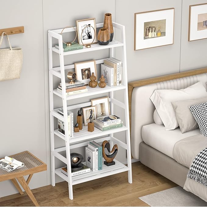 Homykic Bamboo White Bookshelf 4-Tier Ladder Shelf, 49.2” Freestanding Open Bookcase Book Shelf Bathroom Storage Shelf Unit Plant Stand for Small Space, Bedroom, Living Room, Home Office-Ruum Studio Home