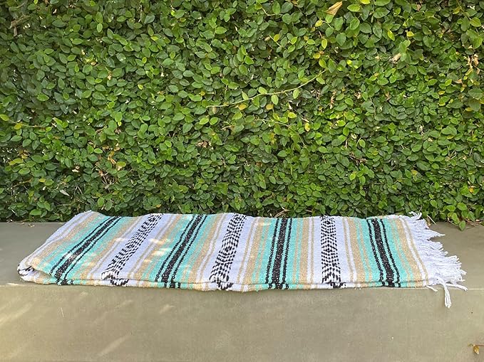 Del Mex Classic Mexican Blanket, Large Authentic Woven Falsa Throw (70"x50"), Artisan Southwest Décor for Beach, Yoga, Outdoors (Mint/Tan)-Ruum Studio Home