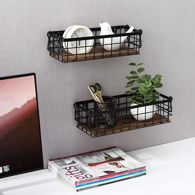 MyGift Set of 2 Wire Baskets for Pantry, Wall Mounted or Tabletop Black Metal Baskets for Organizing with Burnt Wood Base and Handles-Ruum Studio Home