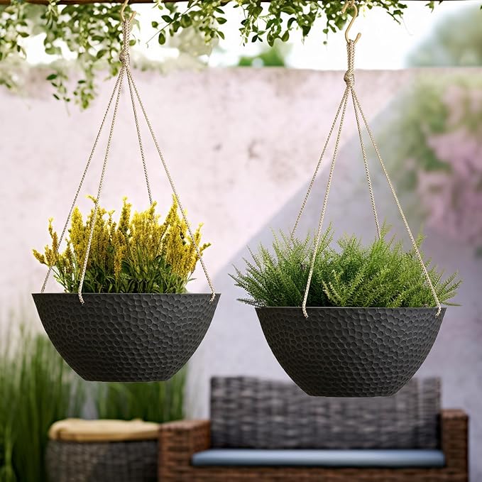 LA JOLIE MUSE Hanging Planters for Outdoor Plants, Large Hanging Planter with Drain Holes, Outdoor Hanging Flower Pots, Matte Black, Honeycomb (13.2 Inch, Set of 2)-Ruum Studio Home