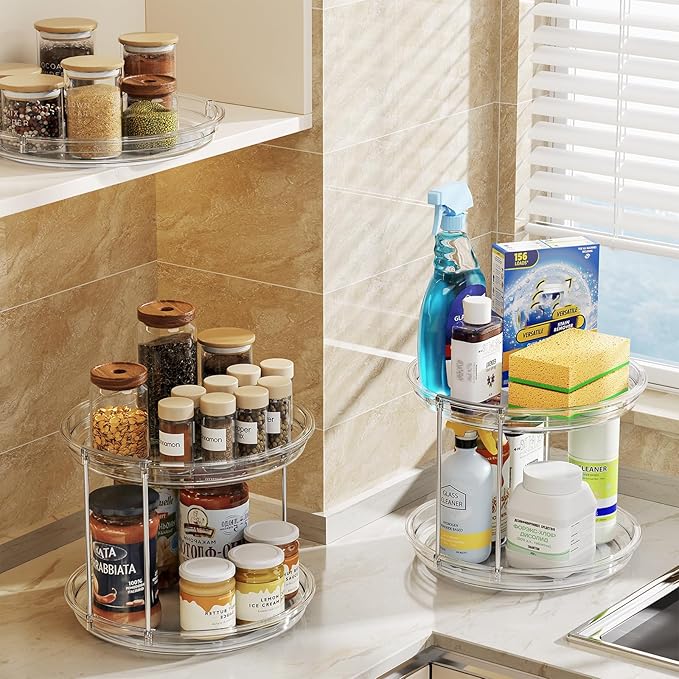 LAMU 2 Pack 2 Tier Lazy Susan Turntable Organizer 9.25'' Rotating Spice Rack Organization for Cabinet, Kitchen, Pantry, Countertop, Bathroom, Vanity, Medicine Cabinet Organizer, Clear-Ruum Studio Home