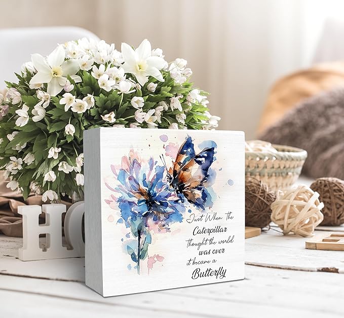 SRADMO Inspirational Desk Signs, Inspirational Butterfly Wood Box Sign Desk Decor, Motivational Desk Decor, Encouragement Theme Wooden Block Box Sign Decoration for Home Office Shelf Table Decor-Ruum Studio Home