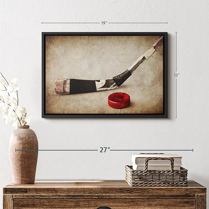 Elephant Stock Vintage Ice Hockey Wall Art - Horizontal Framed Canvas - 1-Piece Hallway Wall Decor - Photography Sports Canvas Print - Brown and Beige Decor for Wall - 19" X 13"-Ruum Studio Home