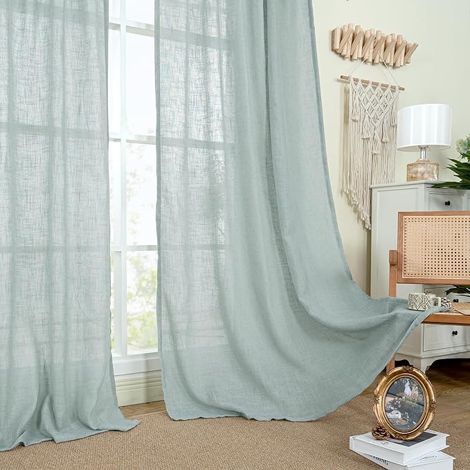 LAMIT Short Linen Curtains 30 Inch Length for Small Windows, Semi Sheer Light Filtering Panels Bronze Grommet Cafe Drapes for Half Window, Greyish Blue, 2 Panels, 34 x 30 Inch-Ruum Studio Home